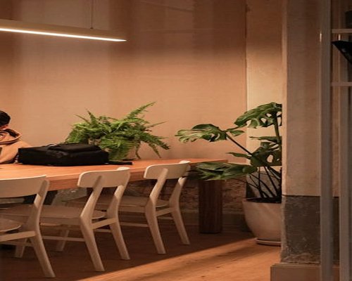 Detalle de oficina iluminada con plantas